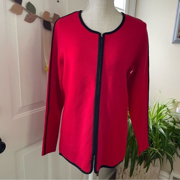Alison Sheri Red & Black Contrast Detail Full Zip-Up Women's Cardigan (Size M) - Picture 3 of 12